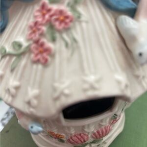 Vintage Bird Ceramic Music box Birdhouse Pink Blue Accents Final Sale